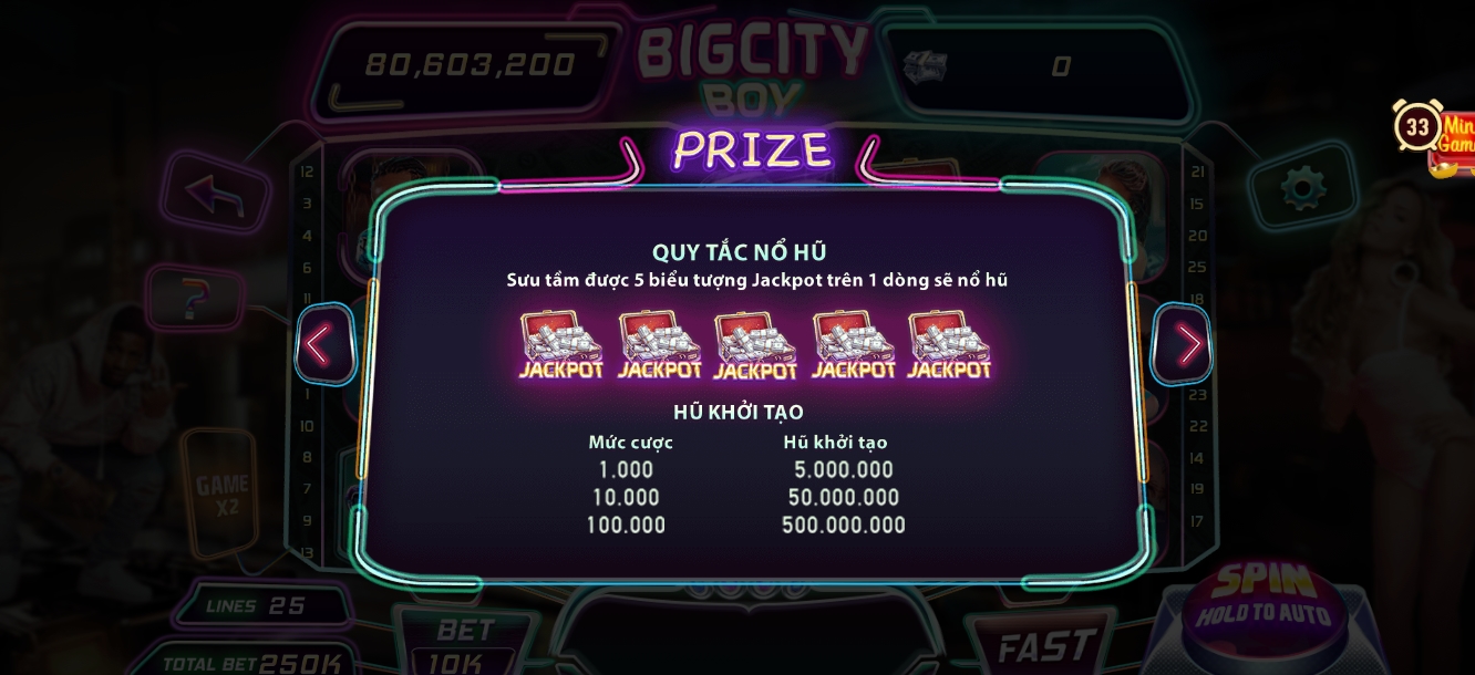 giải thưởng jackpot cực chất của game Manclub Bigcity boy