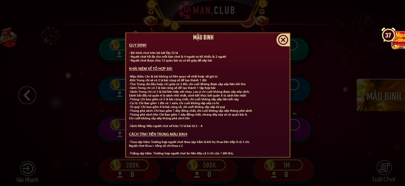 Một số chi bài và tính thưởng Mậu binh Manclub